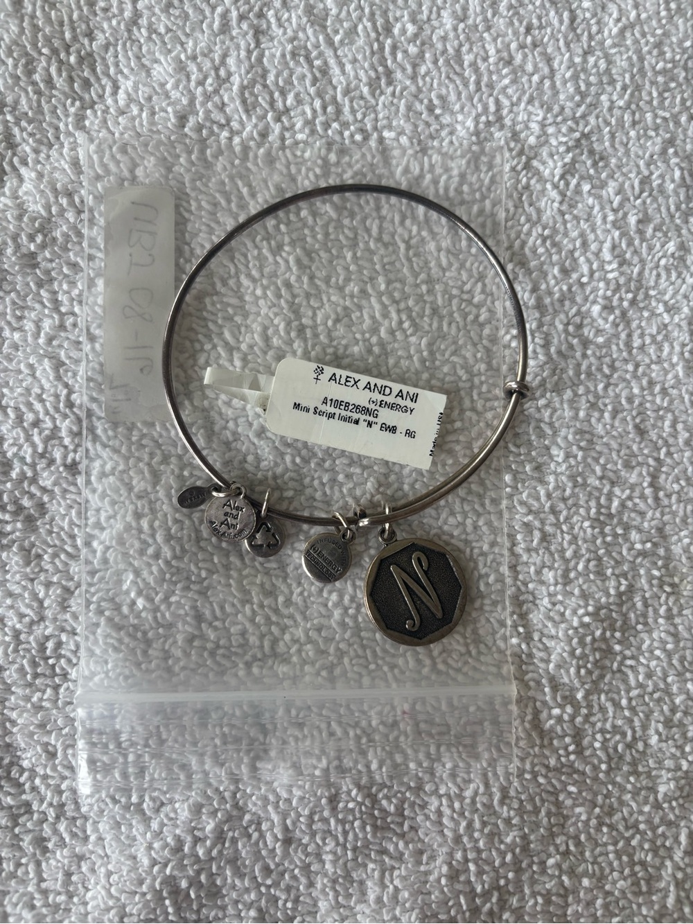 Alex and Ani Silver and Black Initial 'N' Charm Bangle